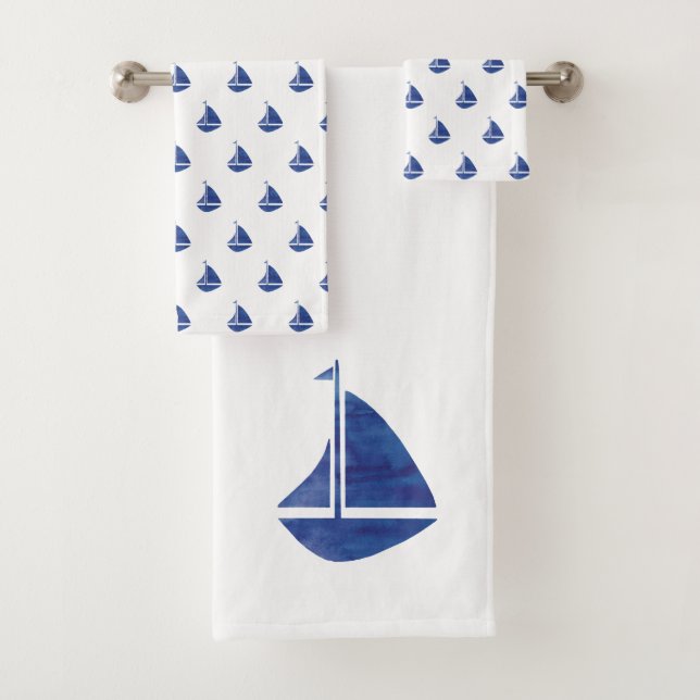 Blue Sailboat Nautical Bath Towel Set (Insitu)