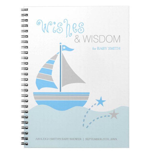 Blue Sailboat Nautical Boy Baby Shower Guest Book (Front)