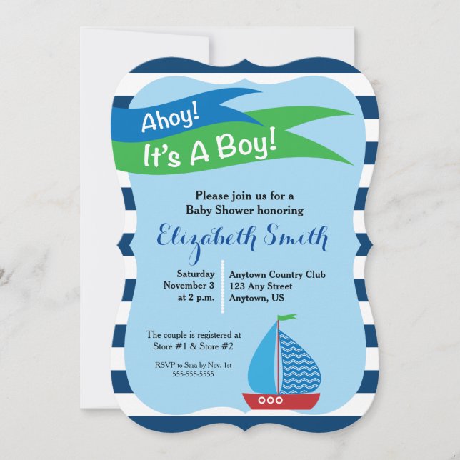 Blue Sailboat Nautical Boy Baby Shower Invitation (Front)