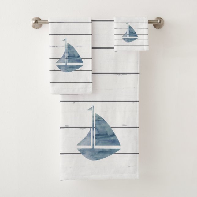 Blue Sailboat Nautical Shiplap Bath Towel Set (Insitu)