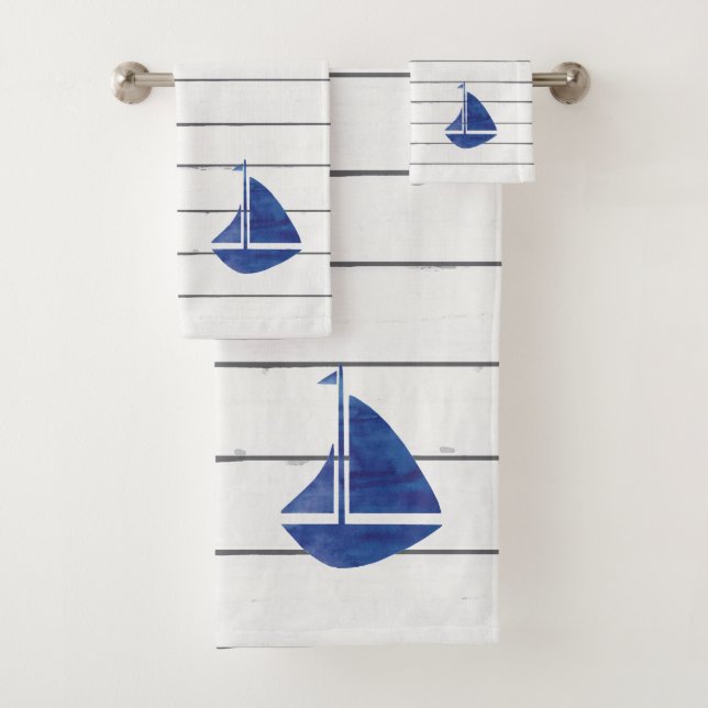 Blue Sailboat Nautical Shiplap Bath Towel Set (Insitu)