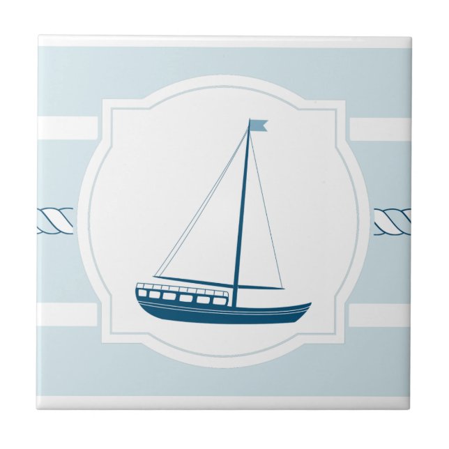 Blue sailboat nautical style stripes ceramic tile (Front)