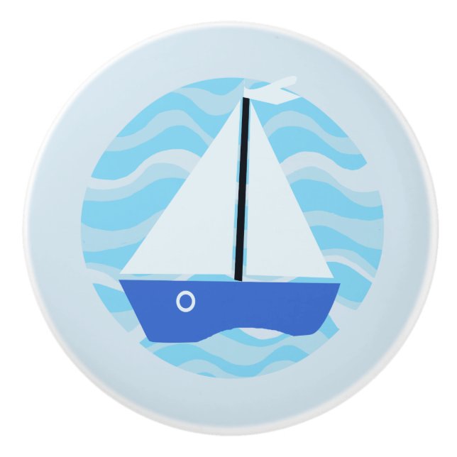 Blue sailboat on the ocean waves ceramic knob (Front)