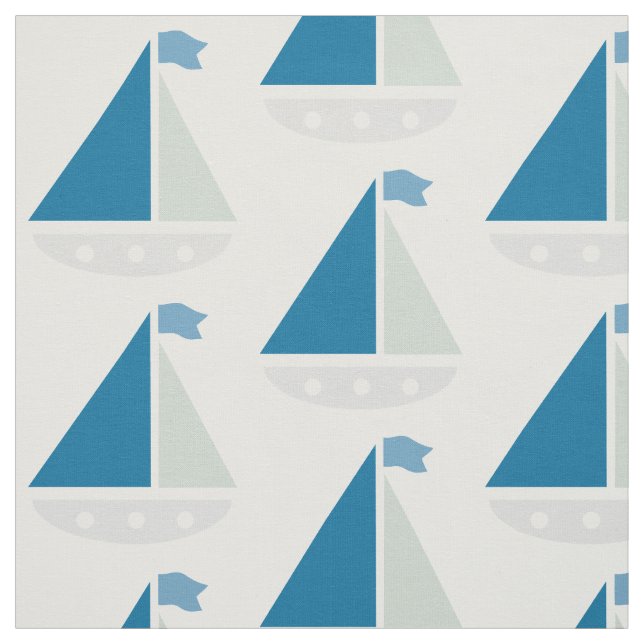 Blue Sailboat Pattern Nautical White Fabric (Swatch)