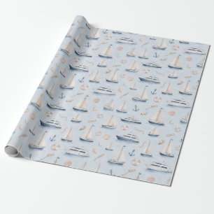 Blue Sailboat Yacht Watercolor Nautical Gift Wrapping Paper