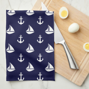 Blue Sailboats and Anchors Pattern Tea Towel