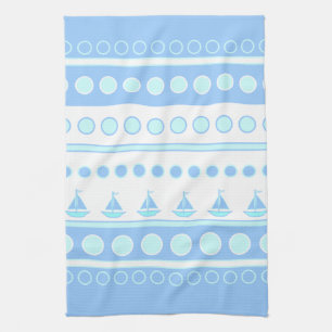 Blue Sailboats and Circles Rows Tea Towel