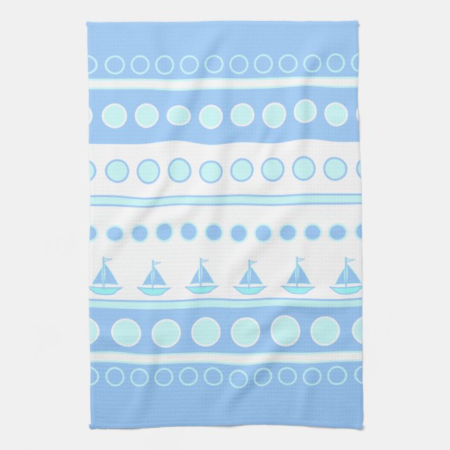 Blue Sailboats and Circles Rows Tea Towel (Vertical)