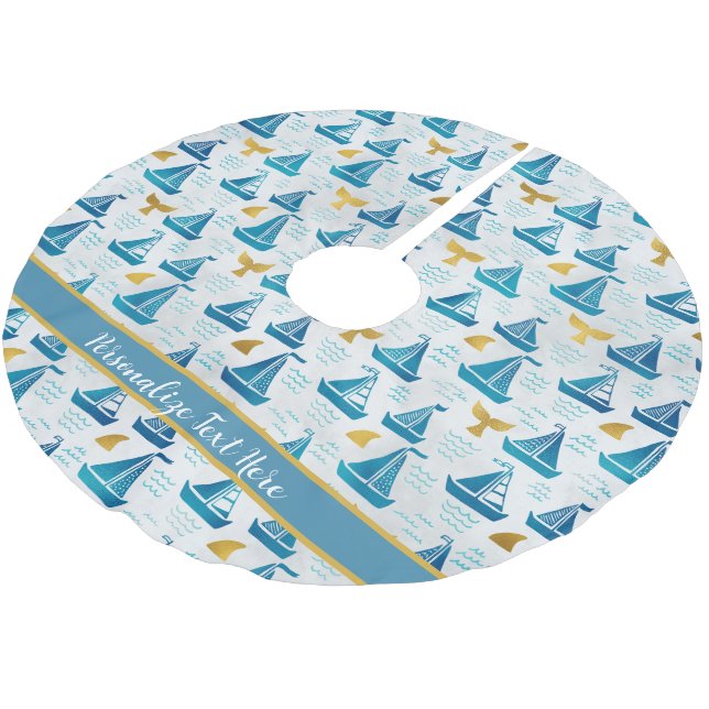 Blue Sailboats Gold Whales Ocean Sea Christmas Brushed Polyester Tree Skirt (Angled)