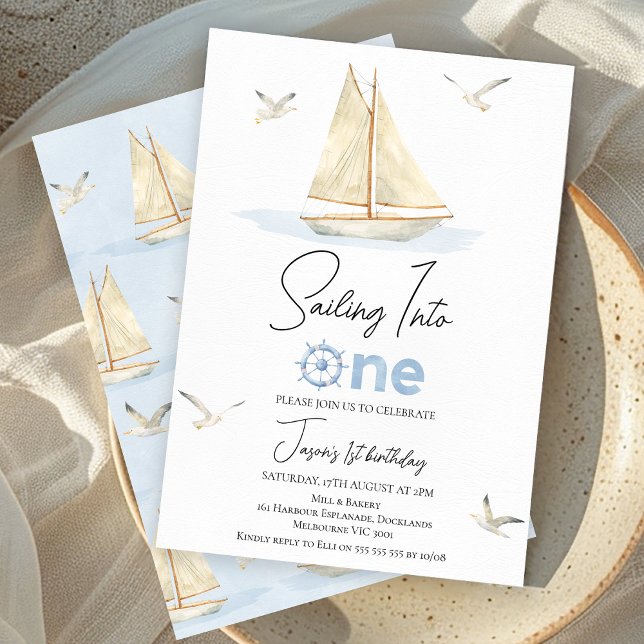 Blue Sailing Boat Sailing Into One 1st Birthday Invitation (Sailing Into 1st Birthday Invite Boy Nautical Sailing Boat Party Invitation Printable Light Blue )