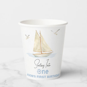 Blue Sailing Boat Sailing Into One 1st Birthday Paper Cups