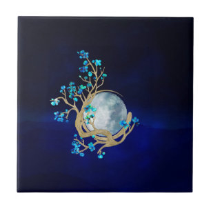 Blue Sakura Blossom Zen Moon Ceramic Tile