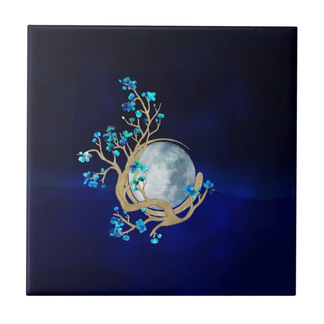 Blue Sakura Blossom Zen Moon Ceramic Tile (Front)
