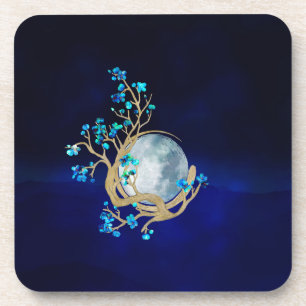 Blue Sakura Blossom Zen Moon Coaster