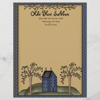 Blue Saltbox House with Primitive Stars & Berries Custom Letterhead