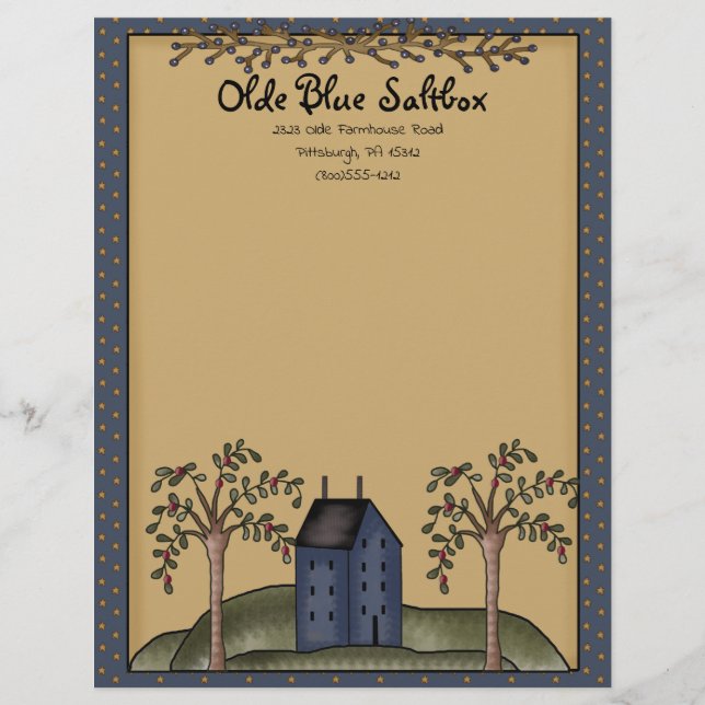 Blue Saltbox House with Primitive Stars & Berries Custom Letterhead (Front)