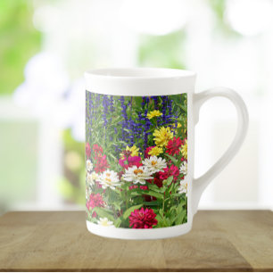 Blue Salvia and Zinnia Garden Floral Bone China Mug