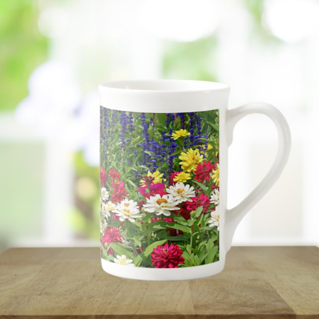 Blue Salvia and Zinnia Garden Floral Bone China Mug (In Situ)
