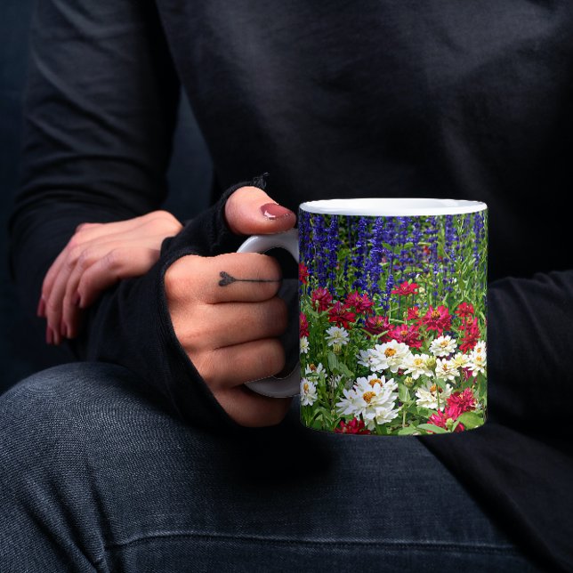 Blue Salvia and Zinnias Floral Mug (In Situ Held)