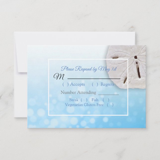 Blue Sand Dollar Oceanic Wedding RSVP card (Front)
