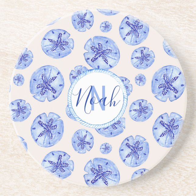 Blue sand dollar watercolor-custom monogram-name   coaster (Front)