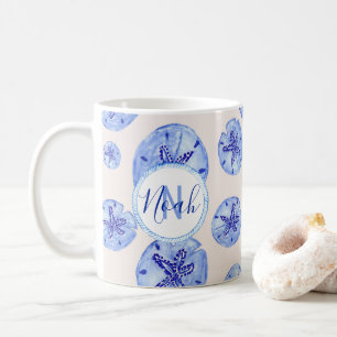 Blue sand dollar watercolor-custom monogram-name  coffee mug