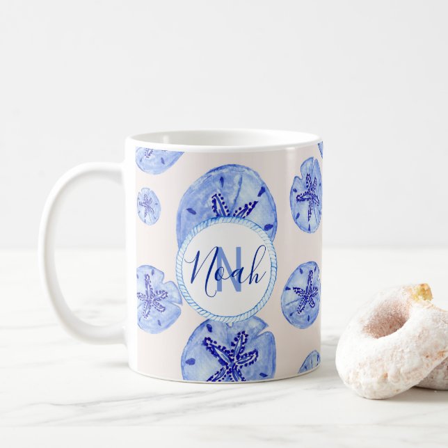 Blue sand dollar watercolor-custom monogram-name  coffee mug (With Donut)
