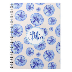 Blue sand dollar watercolor-custom monogram-name notebook