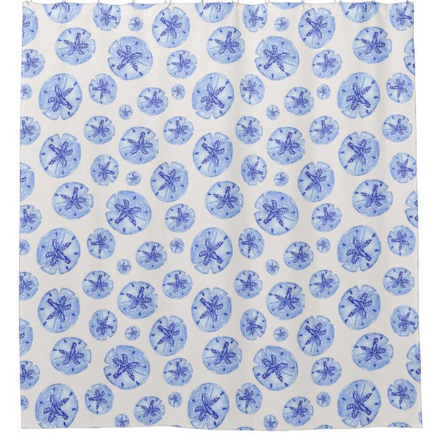 Blue sand dollars on ivory shower curtain (Front)