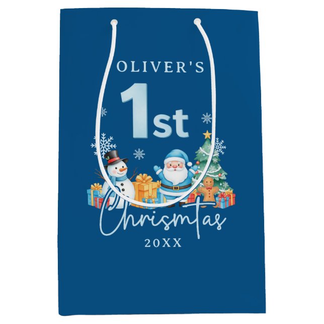 Blue Santa 1st Christmas with Snowman, Tree and Gi Medium Gift Bag (Front)