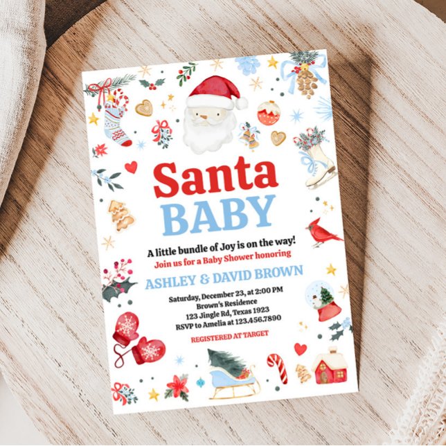 Blue Santa Baby Baby Shower  Invitation (Red and Blue Santa Baby Shower Invitation)