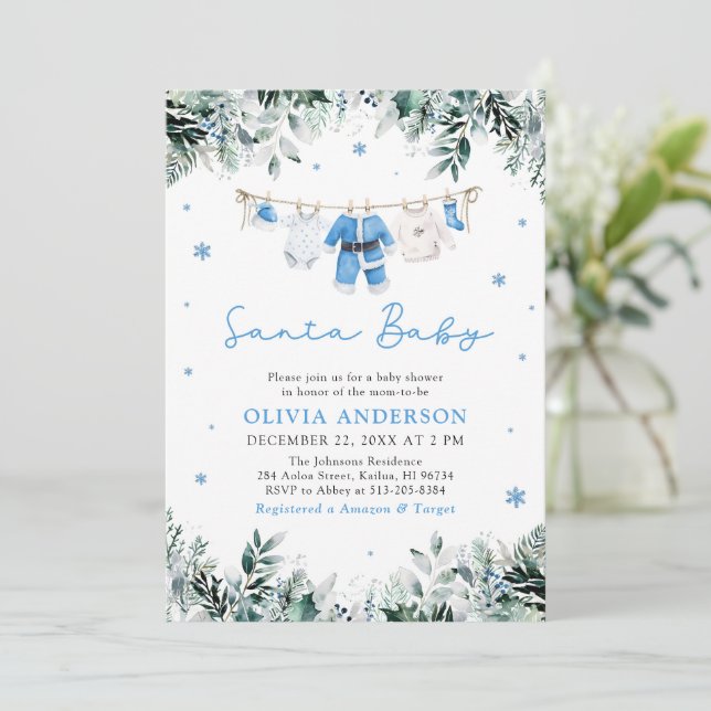 Blue Santa Baby Christmas Clothesline Baby Shower Invitation (Standing Front)