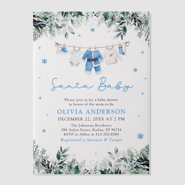 Blue Santa Baby Christmas Clothesline Baby Shower Vellum Invitations (Front)