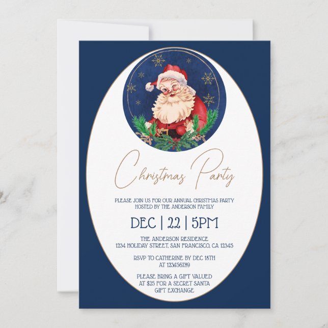 Blue Santa Claus Elegant Vintage Christmas Party Invitation (Front)