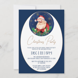 Blue Santa Claus Elegant Vintage Christmas Party Invitation