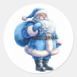 Blue Santa Claus Illustration Watercolor Classic Round Sticker
