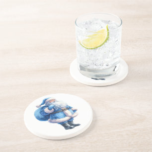 Blue Santa Claus Illustration Watercolor Coaster