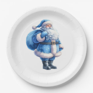 Blue Santa Claus Illustration Watercolor Paper Plate