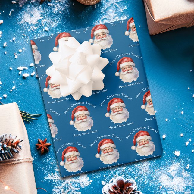 Blue Santa Claus Personalised Kids Christmas Wrapping Paper Sheet (Creator Uploaded)