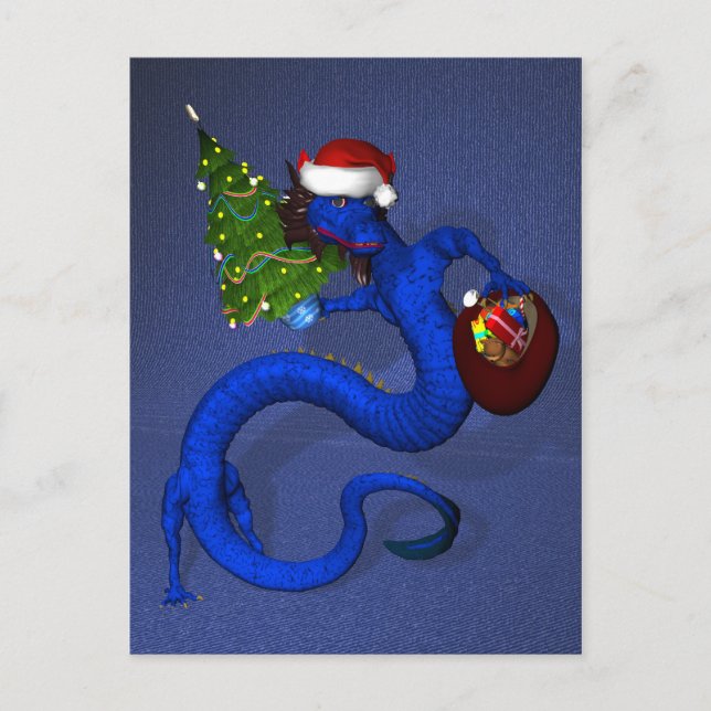Blue Santa Dragon Holiday Postcard (Front)