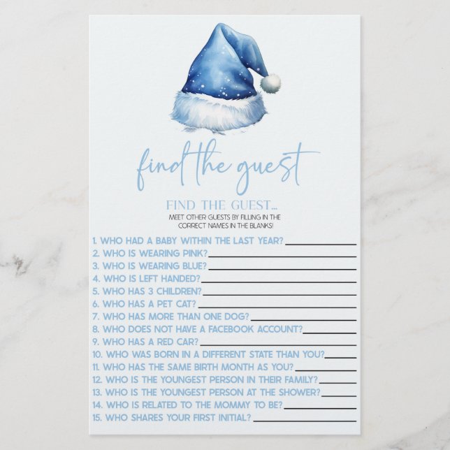 Blue Santa Find The Guest Baby Shower Game Stationery (Front)