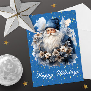 Blue Santa Floral Holiday Card