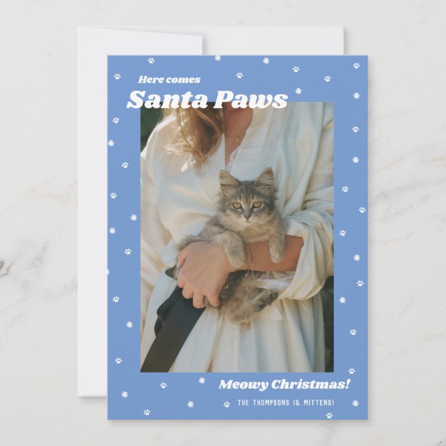 Blue Santa Paws Pet Meowy Christmas Photo Card (Front)