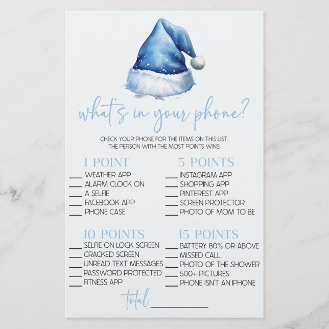 Blue Santa What's In Your Phone Baby Shower Game Stationery (Front)