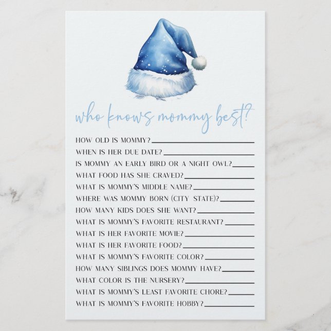 Blue Santa Who Knows Mummy Baby Shower Game Stationery (Front)