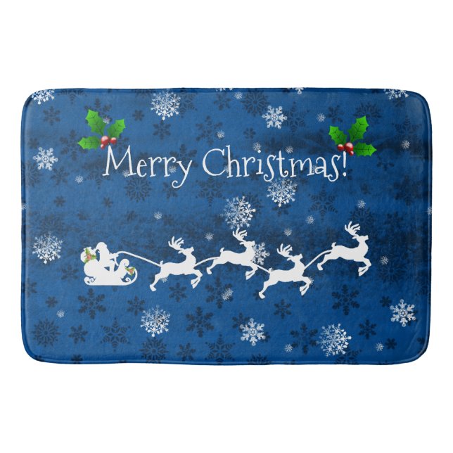 Blue Santa's Sleigh and Reindeer Bath Mat (Front)