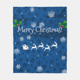 Blue Santa's Sleigh and Reindeer Fleece Blanket