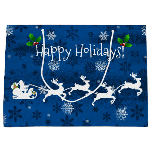 Blue Santa's Sleigh and Reindeer Gift Bag