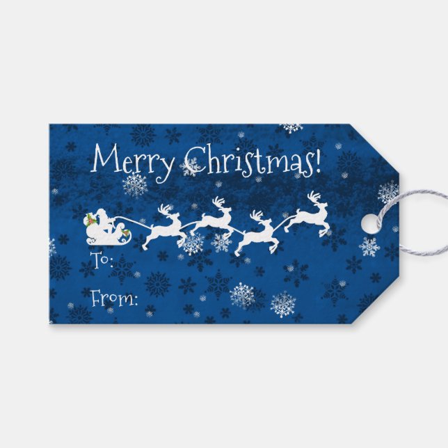 Blue Santa's Sleigh and Reindeer Gift Tag (Front (Horizontal))