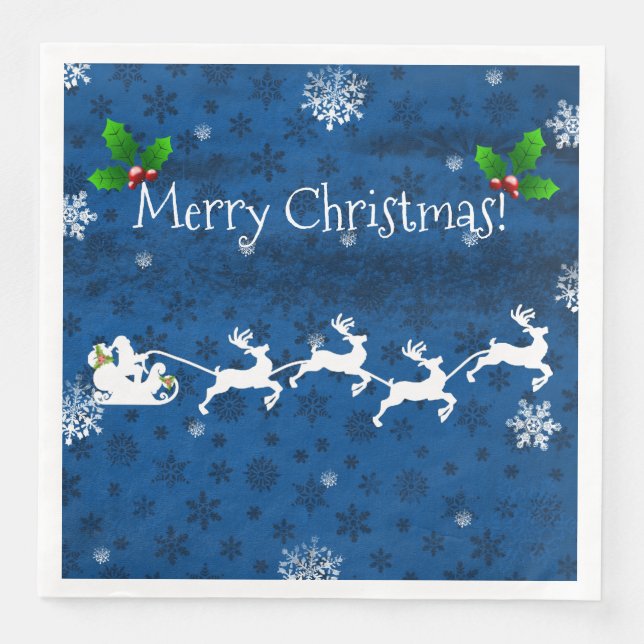 Blue Santa's Sleigh and Reindeer Paper Napkin (Front)